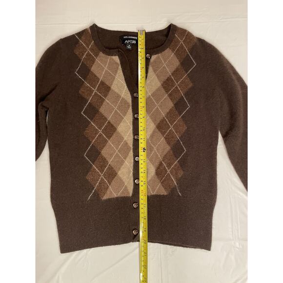 Apt 9 Cardigan Womens Medium Chocolate 100% Cashmere Sweater Argyle Ladies - Picture 2 of 9